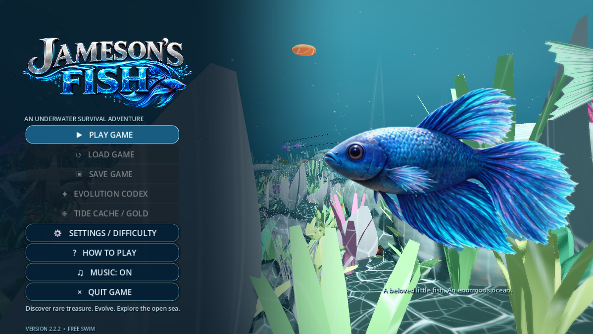 Jameson's Fish underwater survival game, featuring a bright blue fish swimming through an underwater world